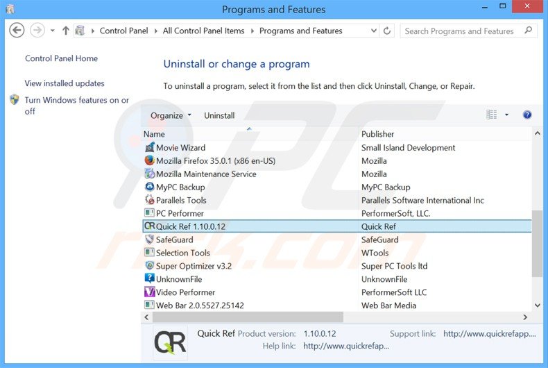 quickref adware uninstall via Control Panel