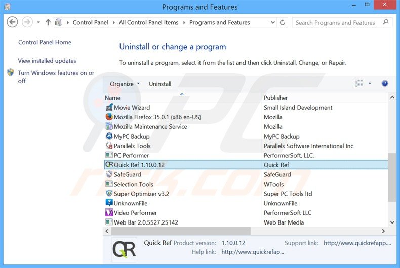 quickref adware uninstall via Control Panel