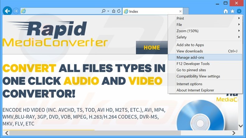 Removing Rapid Media Converter ads from Internet Explorer step 1