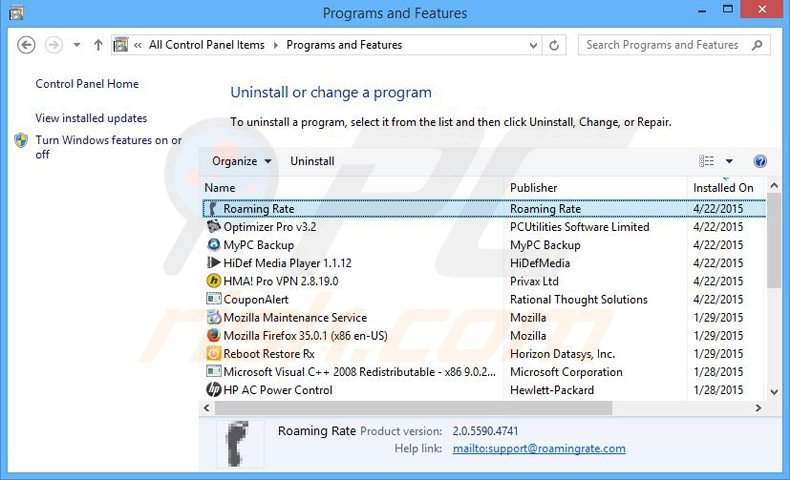 roamingrate adware uninstall via Control Panel