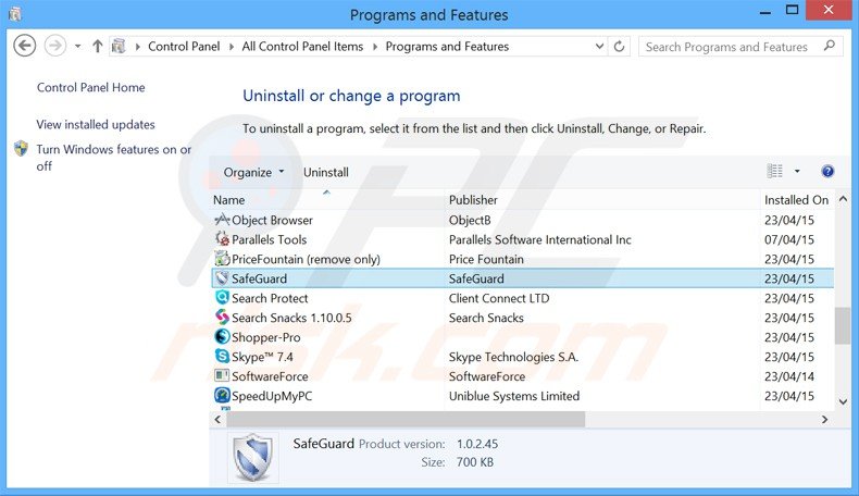 safeguard adware uninstall via Control Panel