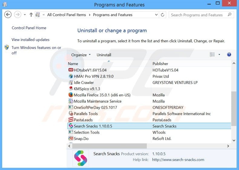 search snacks adware uninstall via Control Panel