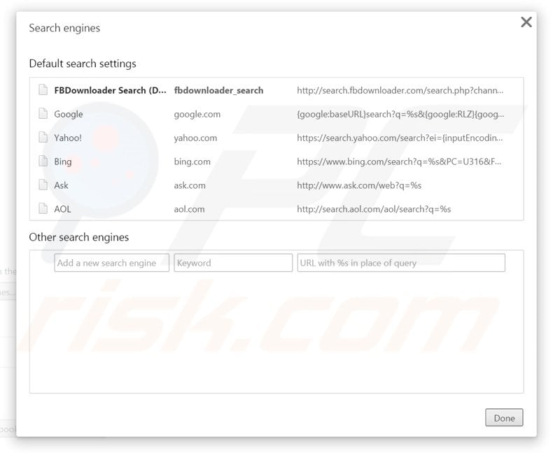 Removing search.fbdownloader.com from Google Chrome default search engine