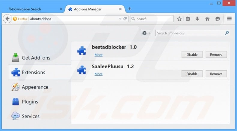 Removing search.fbdownloader.com related Mozilla Firefox extensions