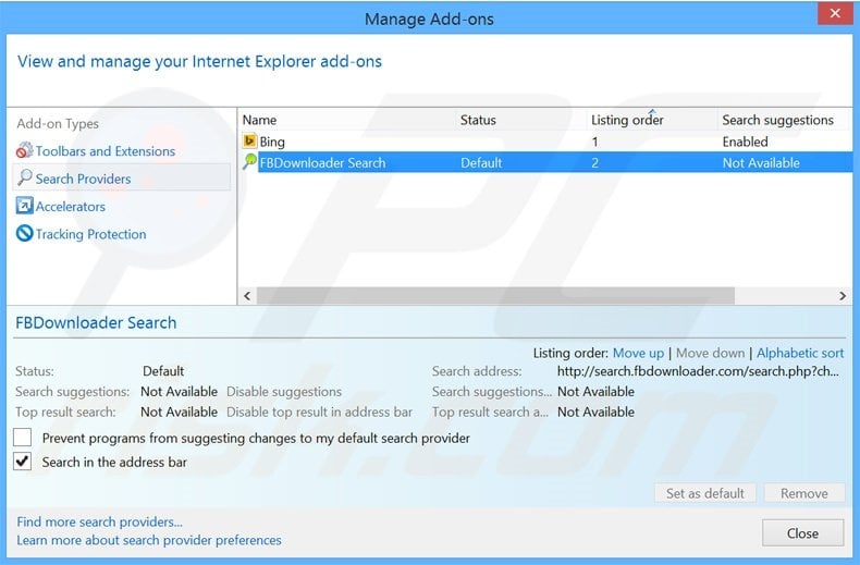 Removing search.fbdownloader.com from Internet Explorer default search engine