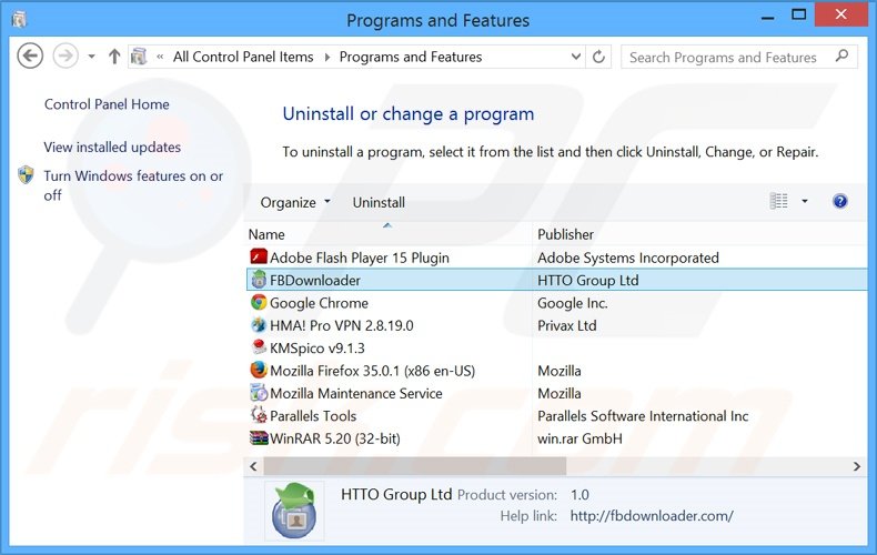 search.fbdownloader.com browser hijacker uninstall via Control Panel
