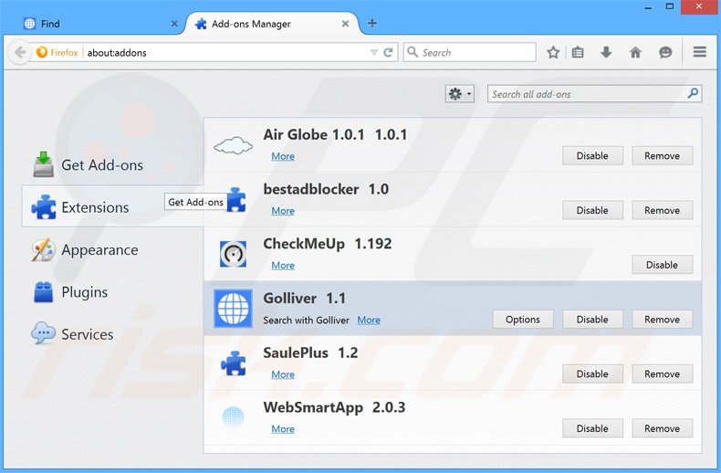 Removing search.golliver.com related Mozilla Firefox extensions