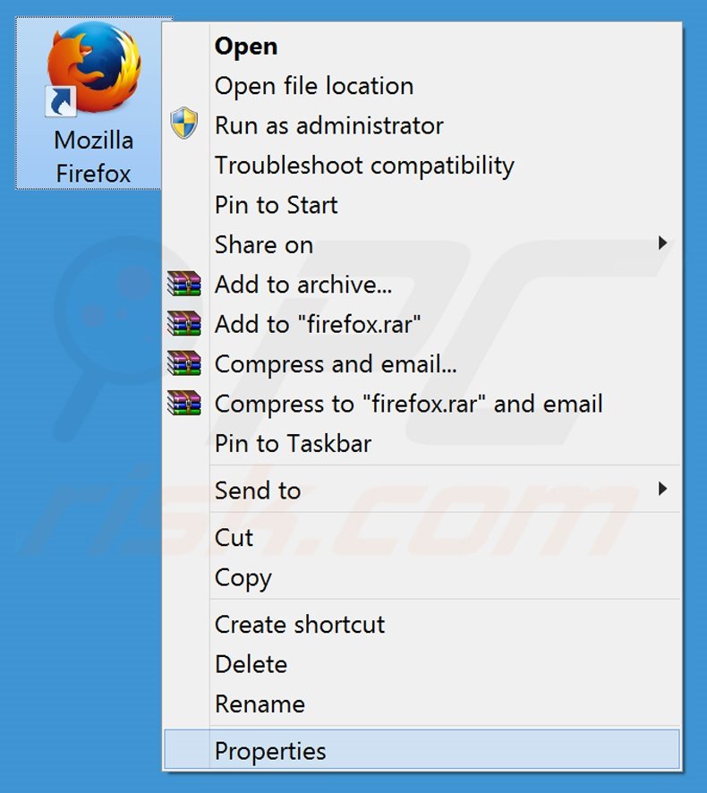 Removing search.webssearches.com from Mozilla Firefox shortcut target step 1