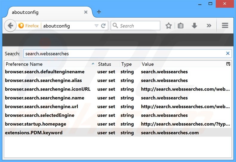 Removing search.webssearches.com from Mozilla Firefox default search engine