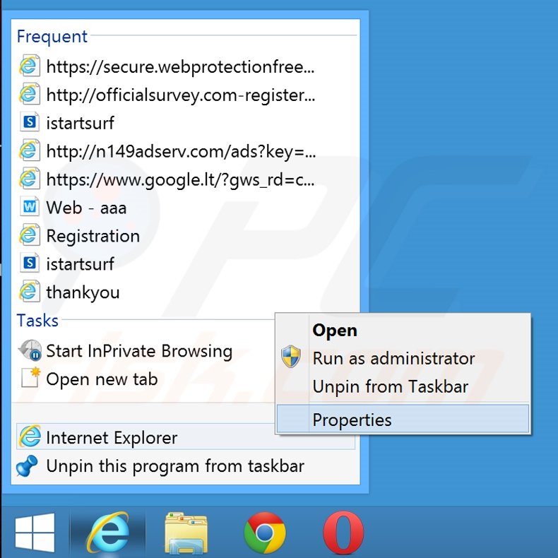 Removing search.webssearches.com from Internet Explorer shortcut target step 1
