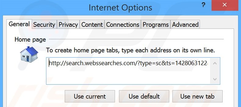 Removing search.webssearches.com from Internet Explorer homepage