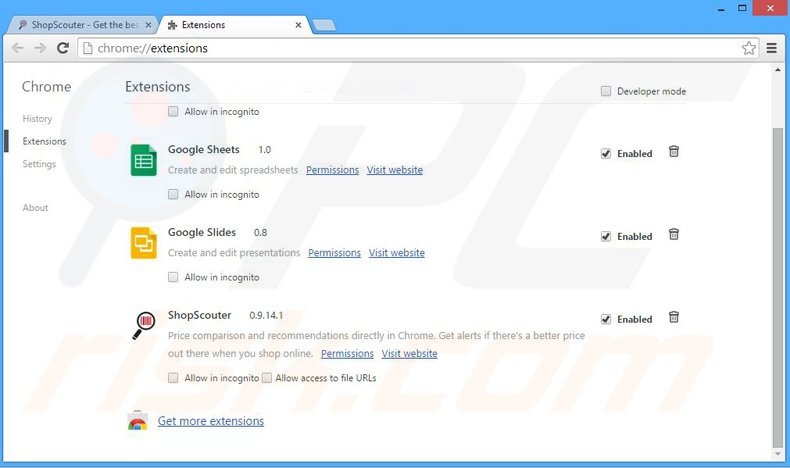 Removing ShopScouter ads from Google Chrome step 2