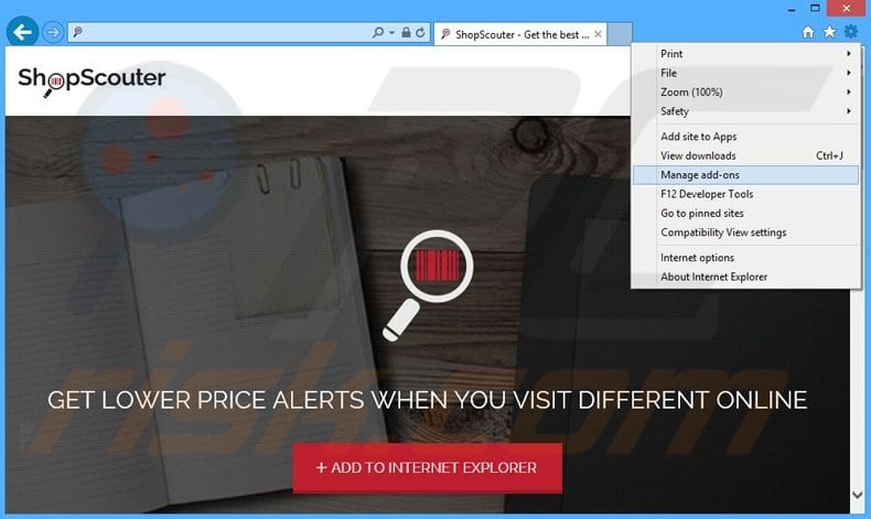 Removing ShopScouter ads from Internet Explorer step 1