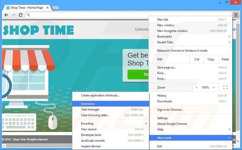 Removing Shop Time ads from Google Chrome step 1