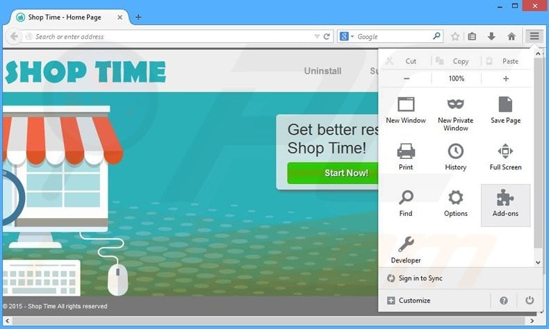 Removing Shop Time ads from Mozilla Firefox step 1