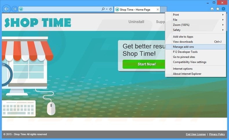 Removing Shop Time ads from Internet Explorer step 1