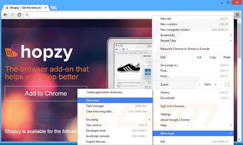 Removing Shopzy ads from Google Chrome step 1