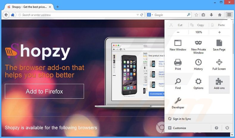 Removing Shopzy ads from Mozilla Firefox step 1