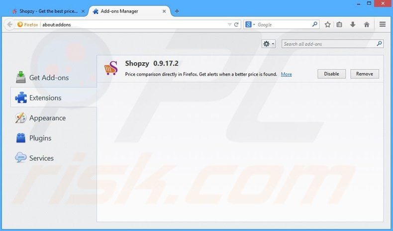 Removing Shopzy ads from Mozilla Firefox step 2