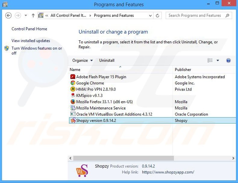 Shopzy adware uninstall via Control Panel