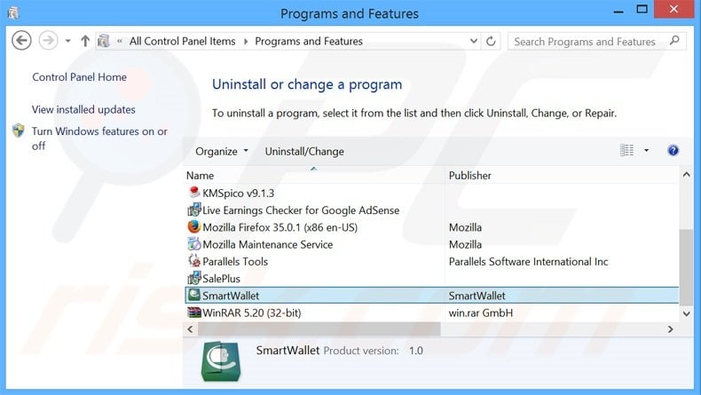 SmartWallet adware uninstall via Control Panel
