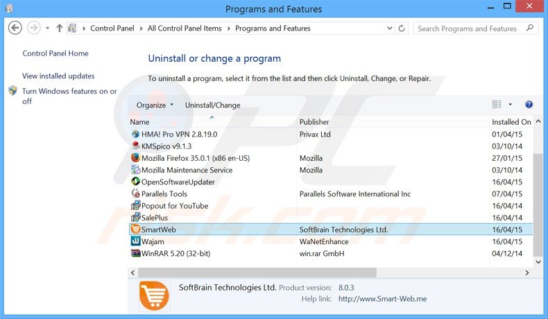 smartweb adware uninstall via Control Panel