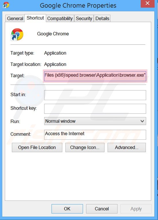 removing speed browser from Google Chrome shortcut target