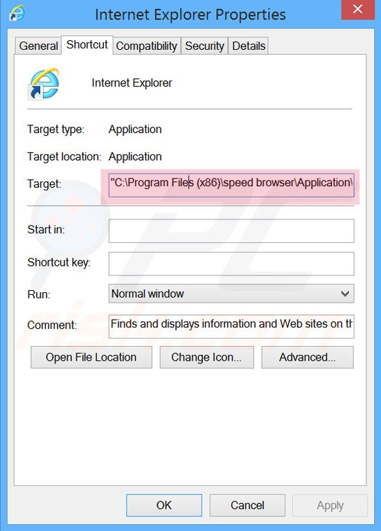 removing speed browser from Internet Explorer shortcut target