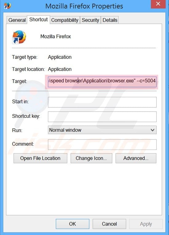 removing speed browser from Mozilla Firefox shortcut target