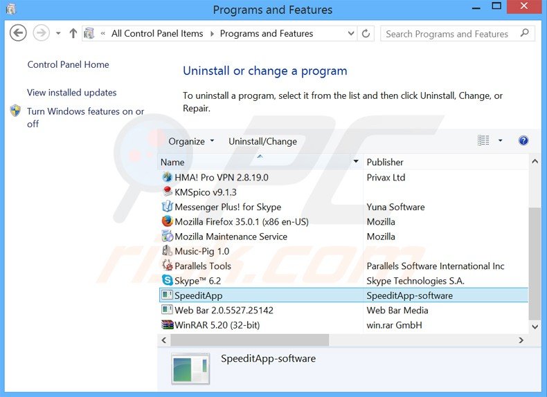 speeditapp adware uninstall via Control Panel