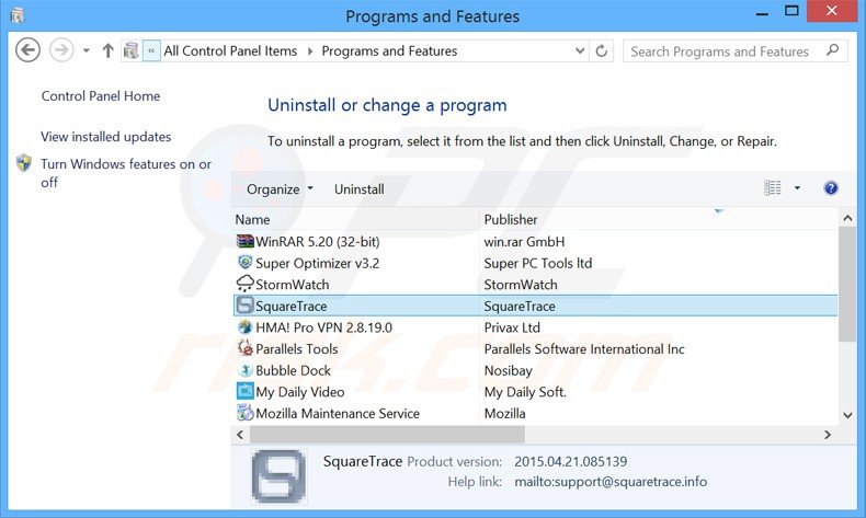 squaretrace adware uninstall via Control Panel