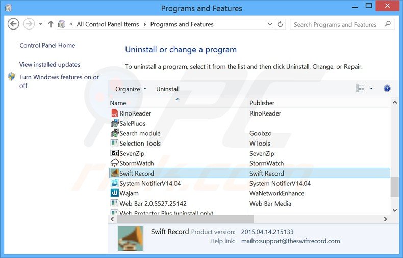 swift record adware uninstall via Control Panel