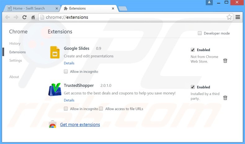 Removing Swift Search ads from Google Chrome step 2