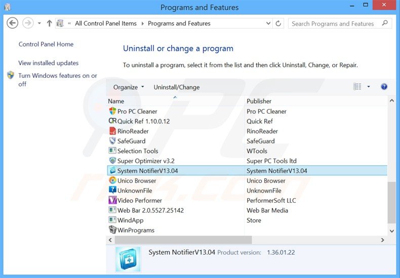 system notifier adware uninstall via Control Panel