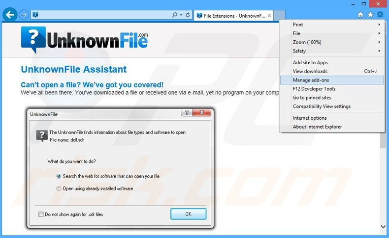 Removing UnknownFile ads from Internet Explorer step 1