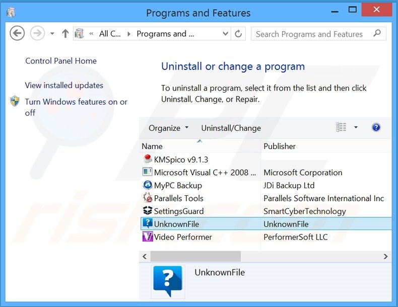 UnknownFile adware uninstall via Control Panel