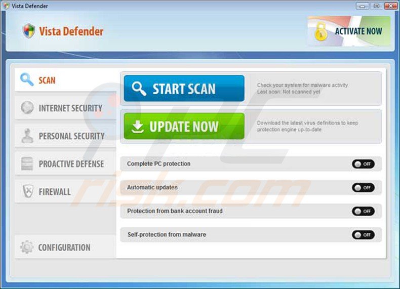 Vista Defender Pro fake antivirus program