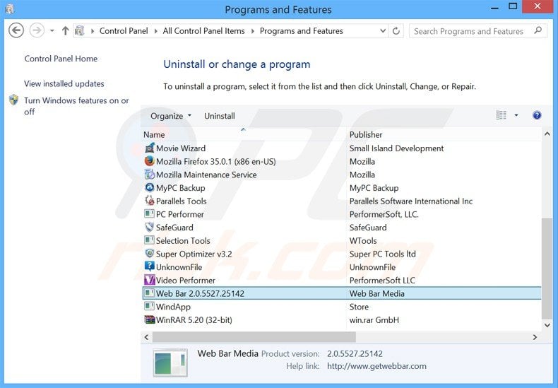 web bar adware uninstall via Control Panel