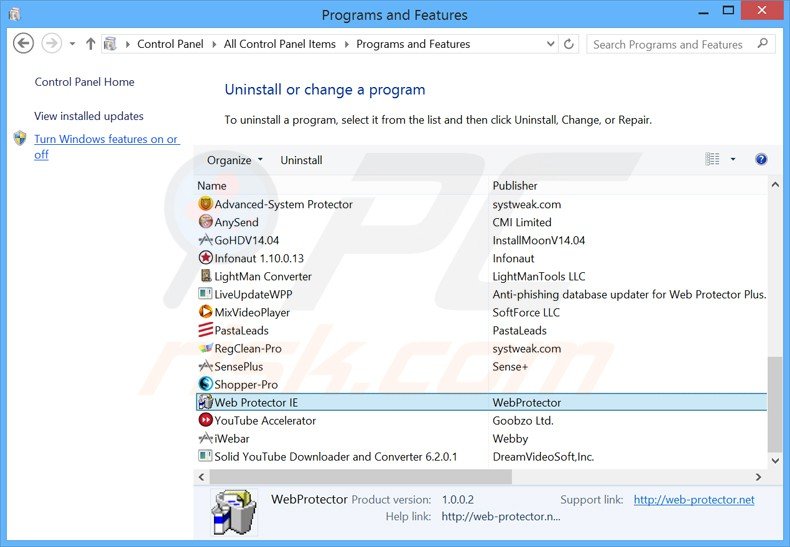 web protector adware uninstall via Control Panel