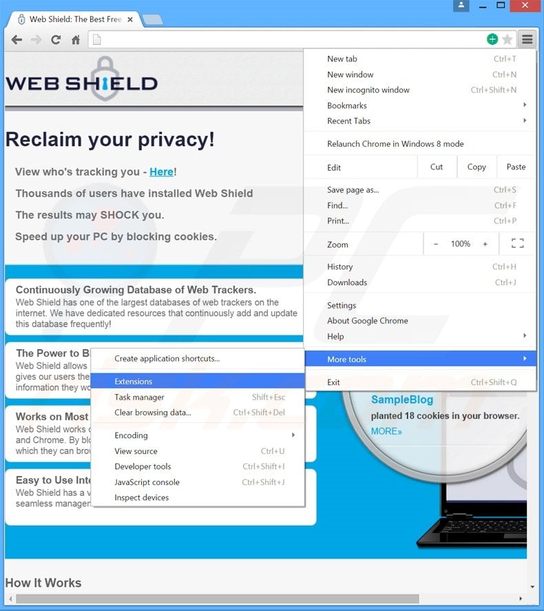 Removing Web Shield  ads from Google Chrome step 1