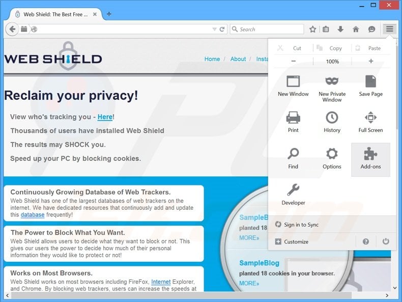 Removing Web Shield ads from Mozilla Firefox step 1