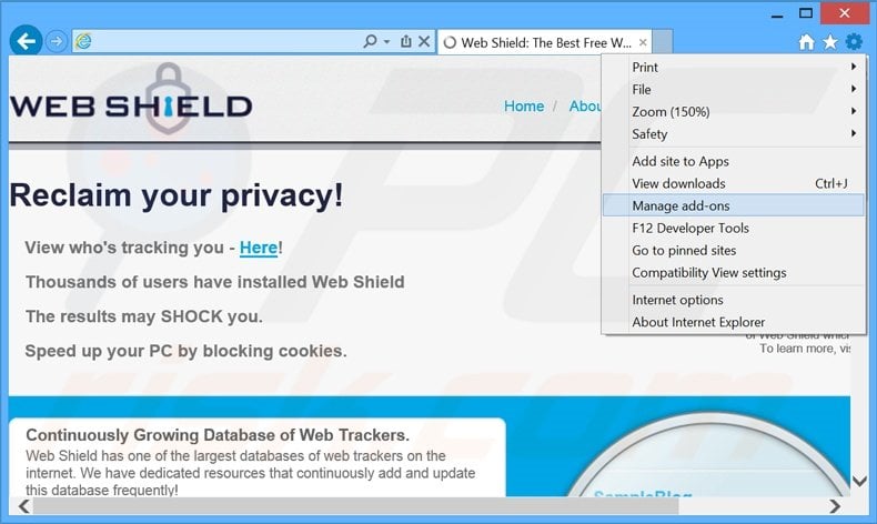 Removing Web Shield ads from Internet Explorer step 1