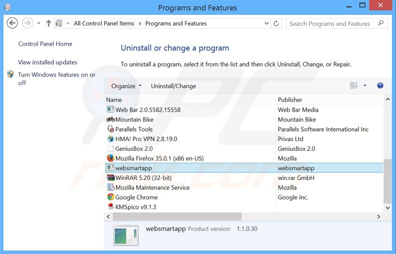 websmart app uninstall via Control Panel
