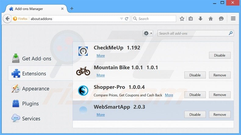 Removing websmart app from Mozilla Firefox step 2