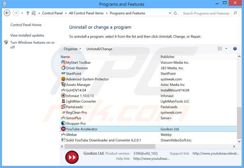 youtube accelerator adware uninstall via Control Panel