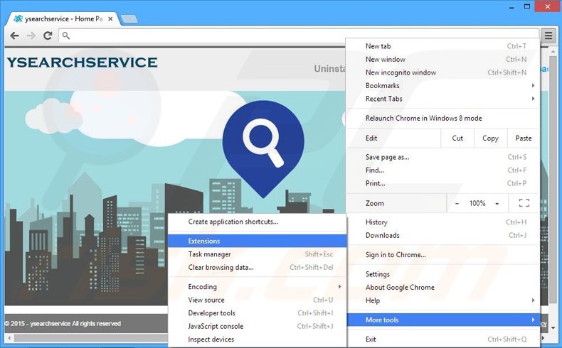 Removing ysearchservice ads from Google Chrome step 1