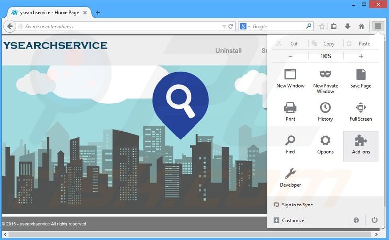 Removing ysearchservice ads from Mozilla Firefox step 1