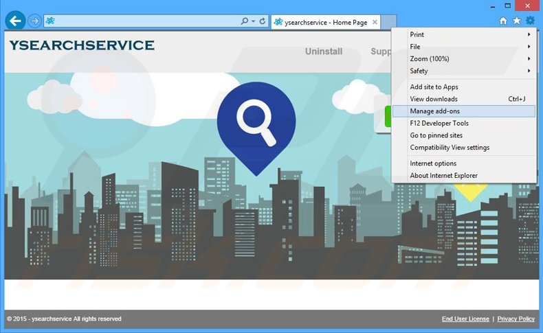 Removing ysearchservice ads from Internet Explorer step 1