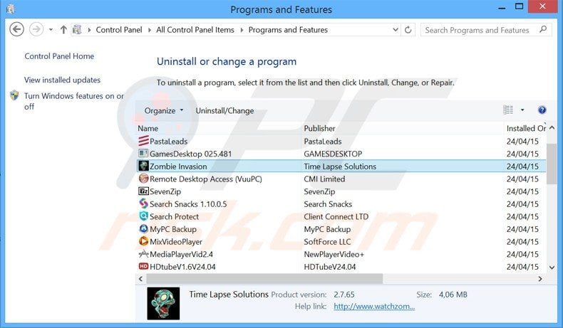 zombie invasion adware uninstall via Control Panel