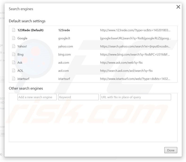 Removing 123rede.com from Google Chrome default search engine